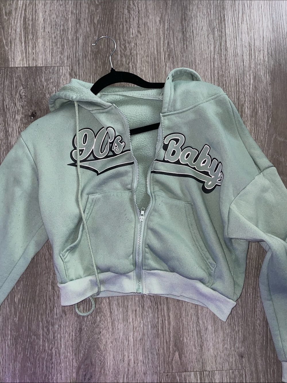 SHEIN Mint Green Cropped Zip Hoodie with '90s Baby' Graphic